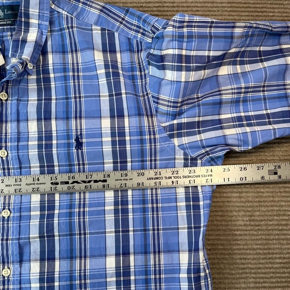 Polo Ralph Lauren Mens Blue White Plaid Classic Fit Cotton Button Down Shirt L